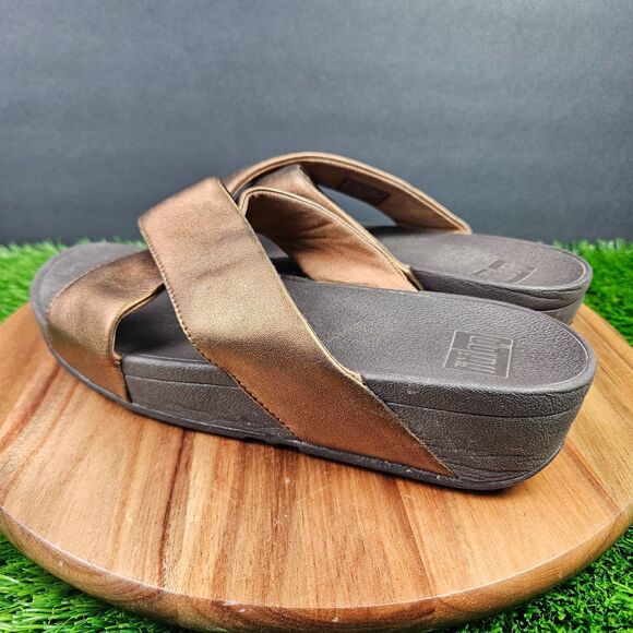 FitFlop Lulu Sandals Women's 9 Bronze Leather Comfort Cross Strap Slide Wedge - Picture 5 of 14